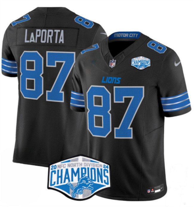 Black Detroit Lions #87 Sam LaPorta 2024 NFC North Champions F.U.S.E. Vapor Limited Stitched Jersey - DTL319