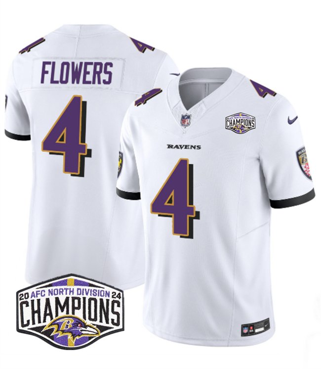 White Baltimore Ravens #4 Zay Flowers F.U.S.E 2024 AFC North Division Champions Vapor Limited Football Jersey - BRJ334