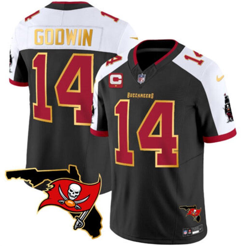 Black/White Tampa Bay Buccaneers #14 Chris Godwin F.U.S.E. With 1-star C Ptach And Florida Patch Gold Trim Vapor Stitched Jersey - TBB192