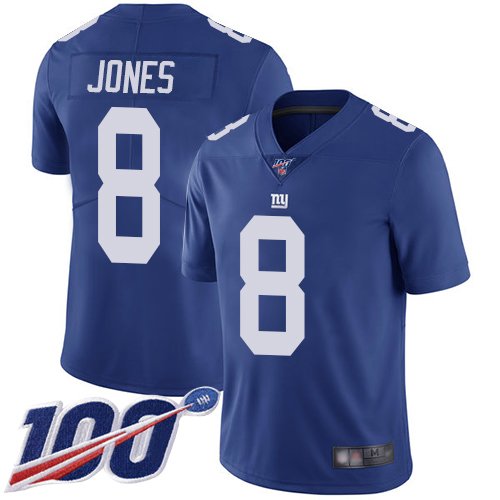 Nike Giants #8 Daniel Jones Royal Blue Team Color Stitched NFL 100th Season Vapor Limited Jersey - NYG171