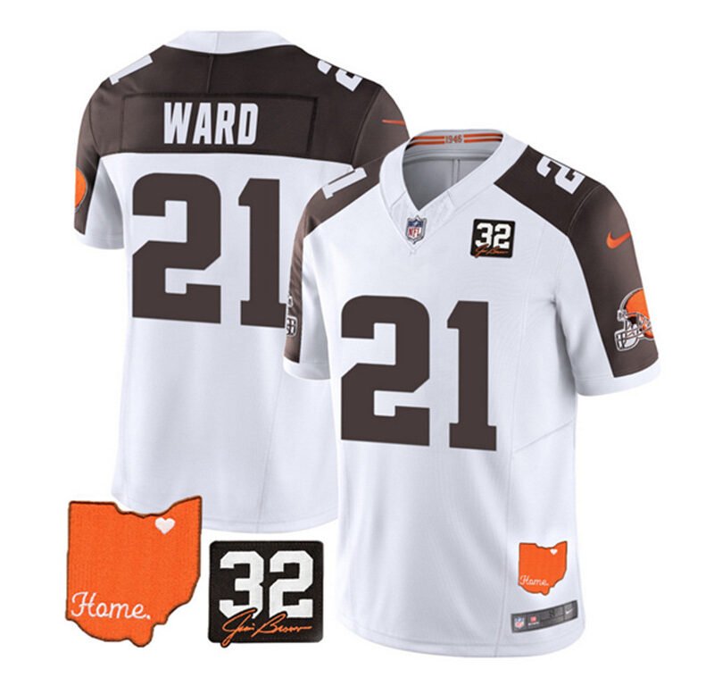 White/Brown Cleveland Browns #21 Denzel Ward 2023 F.U.S.E. With Jim Brown Memorial Patch Vapor Untouchable Limited Stitched Jersey - CLB242
