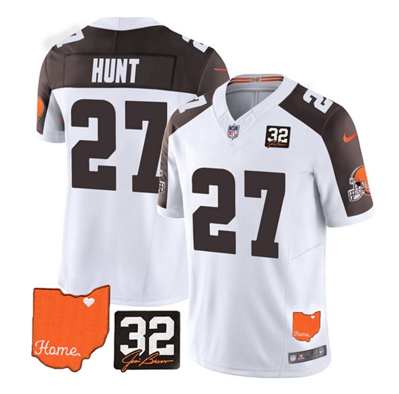 White/Brown Cleveland Browns #27 Kareem Hunt 2023 F.U.S.E. With Jim Brown Memorial Patch Vapor Untouchable Limited Stitched Jersey - CLB283