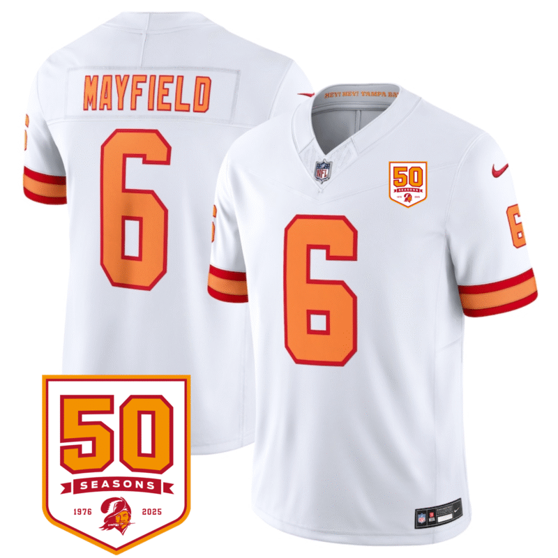 White Tampa Bay Buccaneers #6 Baker Mayfield 2025 F.U.S.E. 50th Anniversary Patch Vapor Limited Stitched Jersey - TBB100
