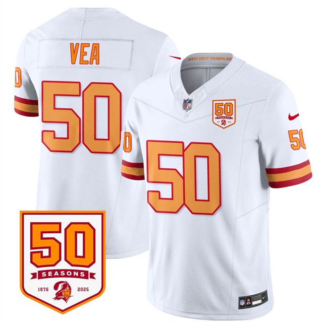 White Tampa Bay Buccaneers #50 Vita Vea 2025 F.U.S.E. 50th Anniversary Patch Vapor Limited Stitched Jersey - TBB120