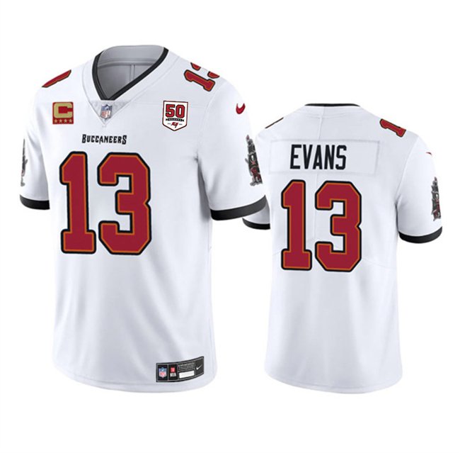 White Tampa Bay Buccaneers #13 Mike Evans 2025 50th Anniversary Patch And 4-Star C Patch Vapor Untouchable Limited Stitched Football Jersey - TBB173