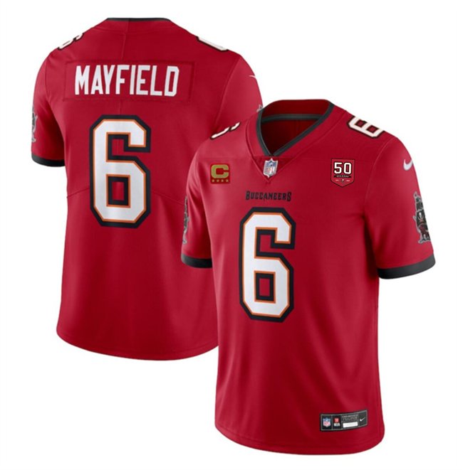 Red Tampa Bay Buccaneers #6 Baker Mayfield 2025 50th Anniversary Patch And 4-Star C Patch Vapor Untouchable Limited Stitched Football Jersey - TBB166