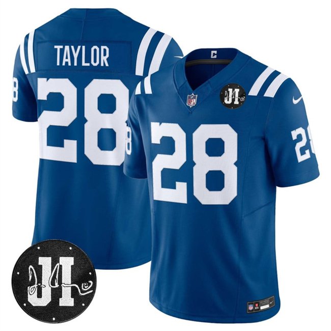 Blue Indianapolis Colts #28 Jonathan Taylor 2025 F.U.S.E. Jim Irsay Patch Vapor Limited Stitched Football Jersey - IDC176