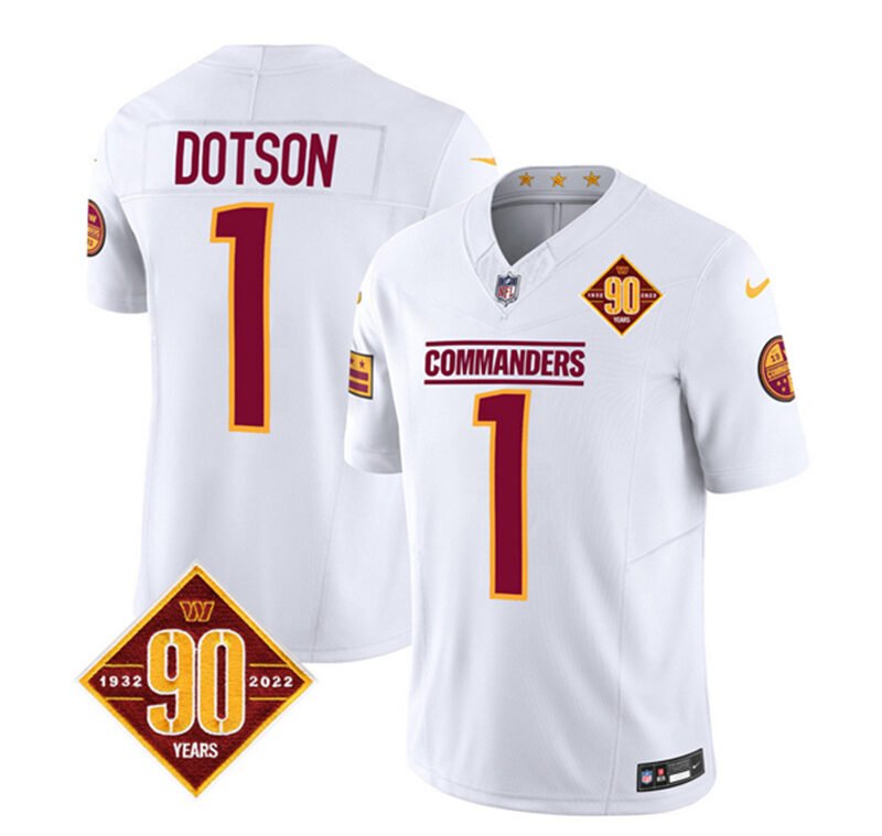 White Washington Commanders #1 Jahan Dotson 2023 F.U.S.E. 90th Anniversary Vapor Limited Stitched Football Jersey - WAC168