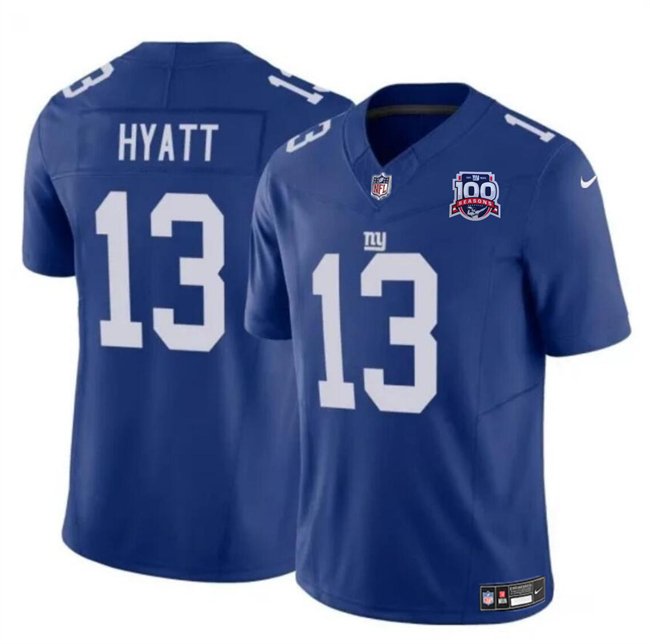 Blue New York Giants #13 Jalin Hyatt 2024 F.U.S.E. 100TH Season Patch Vapor Untouchable Limited Stitched Jersey - NYG43