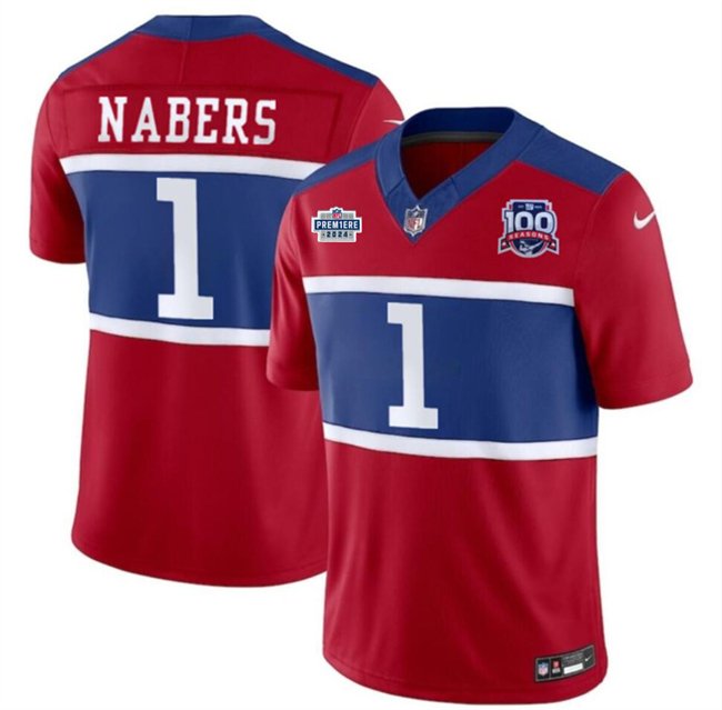 Red New York Giants #1 Malik Nabers 2024 F.U.S.E. With Draft Patch Alternate 100TH Season Patch Vapor Untouchable Limited Stitched Jersey - NYG09