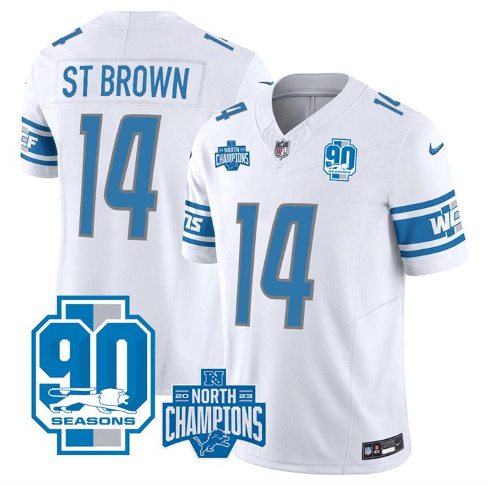 White Detroit Lions #14 Amon-Ra St. Brown 2023 F.U.S.E. 90th Anniversary NFC North Division Champions Vapor Untouchable Limited Stitched Jersey - DTL292