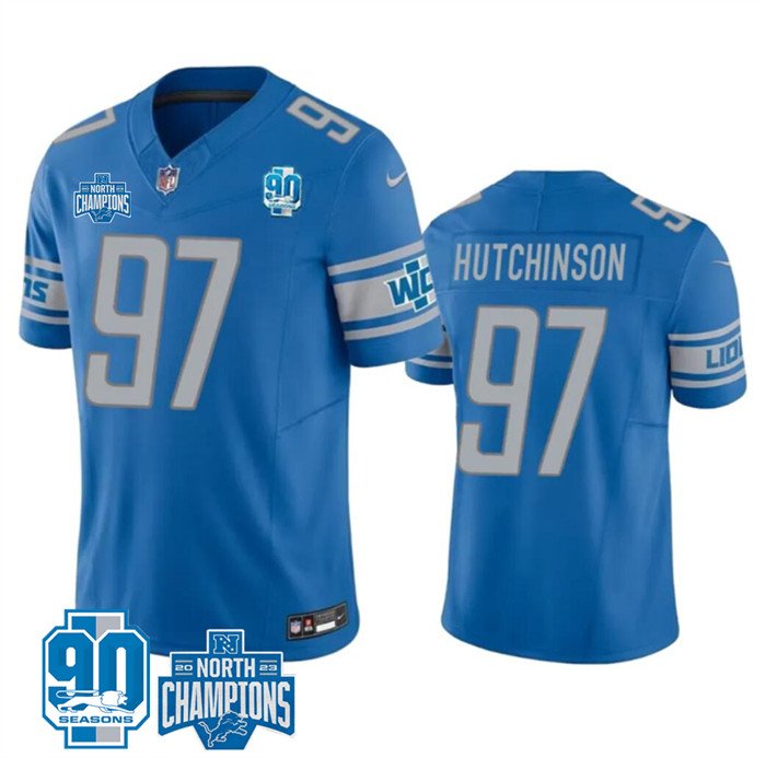 Blue Detroit Lions #97 Aidan Hutchinson 2023 F.U.S.E. 90th Anniversary NFC North Division Champions Vapor Untouchable Limited Stitched Jersey - DTL284