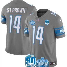 Grey Detroit Lions #14 Amon-Ra St. Brown 2023 F.U.S.E. 90th Anniversary NFC North Division Champions Vapor Untouchable Limited Stitched Jersey - DTL378