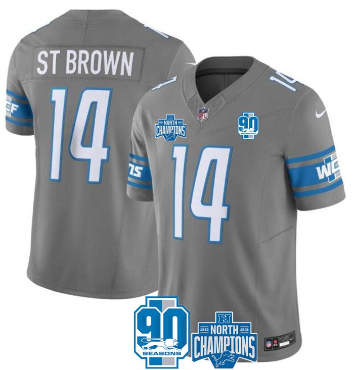 Grey Detroit Lions #14 Amon-Ra St. Brown 2023 F.U.S.E. 90th Anniversary NFC North Division Champions Vapor Untouchable Limited Stitched Jersey - DTL378
