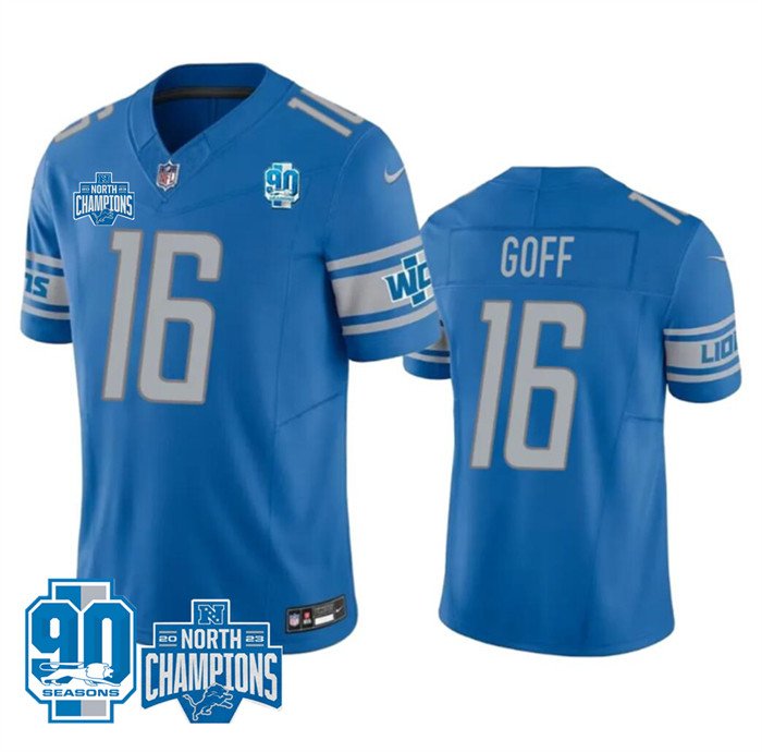 Blue Detroit Lions #16 Jared Goff 2023 F.U.S.E. 90th Anniversary NFC North Division Champions Vapor Untouchable Limited Stitched Jersey - DTL381