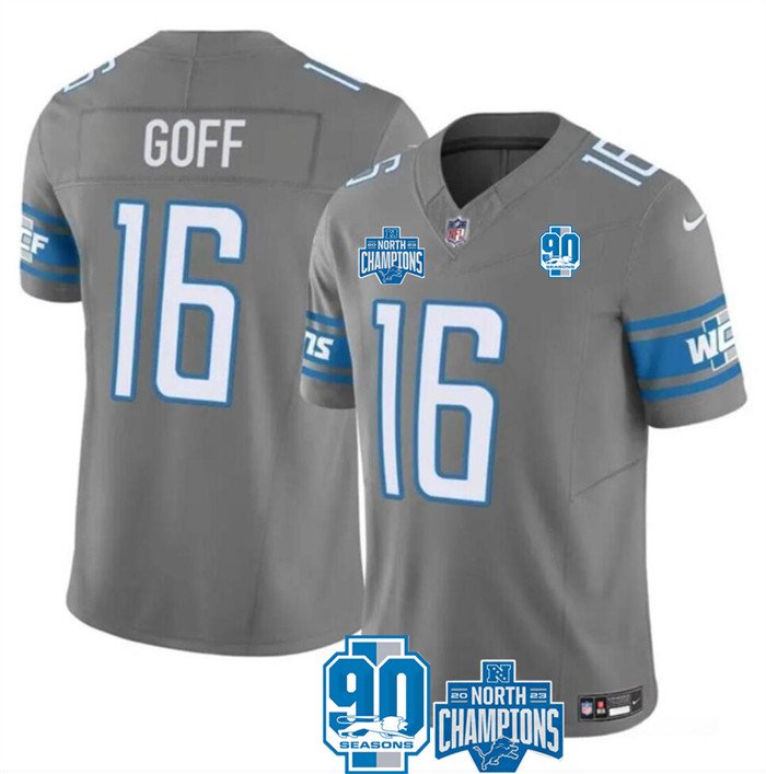 Grey Detroit Lions #16 Jared Goff 2023 F.U.S.E. 90th Anniversary NFC North Division Champions Vapor Untouchable Limited Stitched Jersey - DTL111