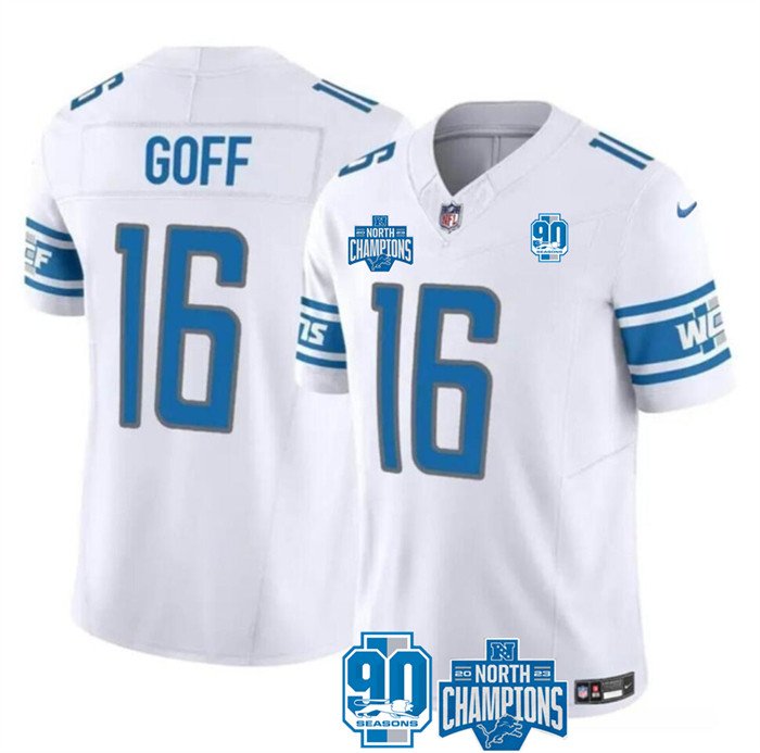 White Detroit Lions #16 Jared Goff 2023 F.U.S.E. 90th Anniversary NFC North Division Champions Vapor Untouchable Limited Stitched Jersey - DTL298