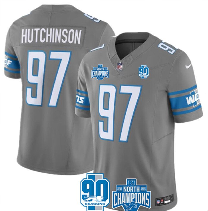 Grey Detroit Lions #97 Aidan Hutchinson 2023 F.U.S.E. 90th Anniversary NFC North Division Champions Vapor Untouchable Limited Stitched Jersey - DTL172