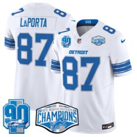 White Detroit Lions #87 Sam LaPorta 2024 NFC North Champions 90th Anniversary Patch F.U.S.E. Vapor Limited Stitched Jersey - DTL276