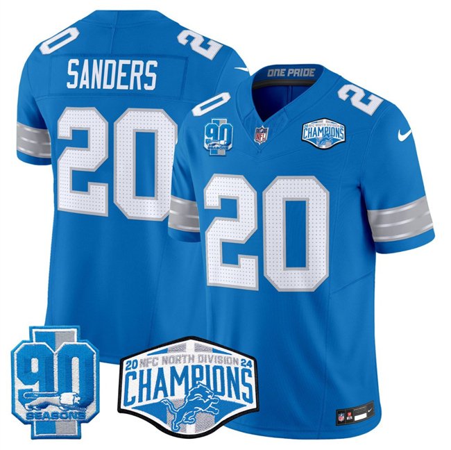 Blue Detroit Lions #20 Barry Sanders 2024 NFC North Champions 90th Anniversary Patch F.U.S.E. Vapor Limited Stitched Jersey - DTL277