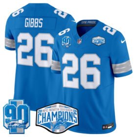 Blue Detroit Lions #26 Jahmyr Gibbs 2024 NFC North Champions 90th Anniversary Patch F.U.S.E. Vapor Limited Stitched Jersey - DTL15