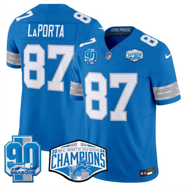 Blue Detroit Lions #87 Sam LaPorta 2024 NFC North Champions 90th Anniversary Patch F.U.S.E. Vapor Limited Stitched Jersey - DTL76