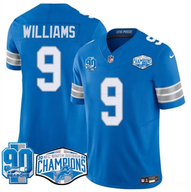 Blue Detroit Lions #9 Jameson Williams 2024 NFC North Champions 90th Anniversary Patch F.U.S.E. Vapor Limited Stitched Jersey - DTL201