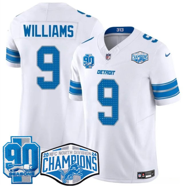 White Detroit Lions #9 Jameson Williams 2024 NFC North Champions 90th Anniversary Patch F.U.S.E. Vapor Limited Stitched Jersey - DTL198