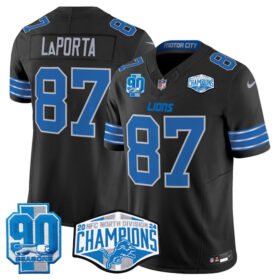 Black Detroit Lions #87 Sam LaPorta 2024 NFC North Champions 90th Anniversary Patch F.U.S.E. Vapor Limited Stitched Jersey - DTL28