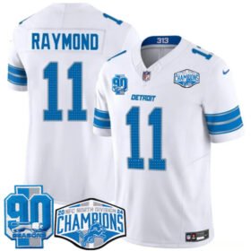 White Detroit Lions #11 Kalif Raymond 2024 NFC North Champions 90th Anniversary Patch F.U.S.E. Vapor Limited Stitched Jersey - DTL117