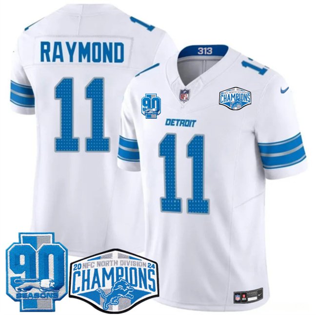 White Detroit Lions #11 Kalif Raymond 2024 NFC North Champions 90th Anniversary Patch F.U.S.E. Vapor Limited Stitched Jersey - DTL117