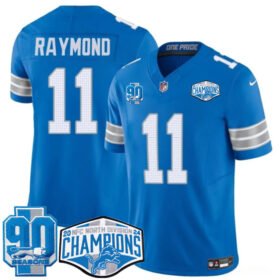 Blue Detroit Lions #11 Kalif Raymond 2024 NFC North Champions 90th Anniversary Patch F.U.S.E. Vapor Limited Stitched Jersey - DTL249