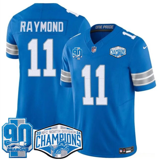 Blue Detroit Lions #11 Kalif Raymond 2024 NFC North Champions 90th Anniversary Patch F.U.S.E. Vapor Limited Stitched Jersey - DTL249