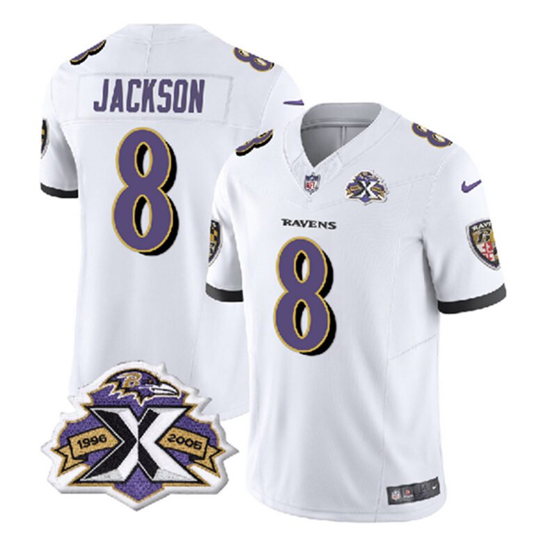 White Baltimore Ravens #8 Lamar Jackson 2023 F.U.S.E With Patch Throwback Vapor Limited Jersey - BRJ170
