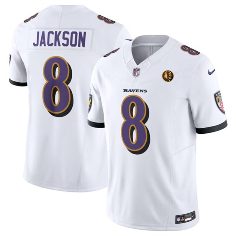 White Baltimore Ravens #8 Lamar Jackson 2023 F.U.S.E. With John Madden Patch Vapor Limited Football Jersey - BRJ63