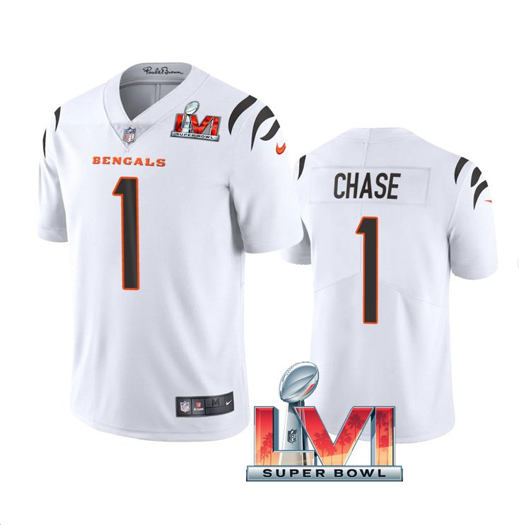 White Cincinnati Bengals #1 Ja'Marr Chase 2022 Super Bowl LVI Vapor Limited Stitched Jersey - CCB261