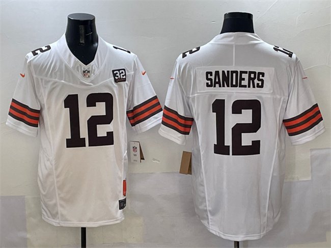 White Cleveland Browns #12 Shedeur Sanders 2025 Draft F.U.S.E. With Jim Brown Memorial & Home Patch Vapor Limited Stitched Football Jersey - CLB138