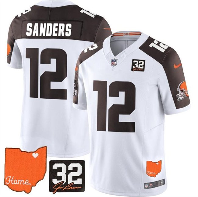 White/Brown Cleveland Browns #12 Shedeur Sanders 2025 Draft F.U.S.E. With Jim Brown Memorial & Home Patch Vapor Limited Stitched Football Jersey - CLB92