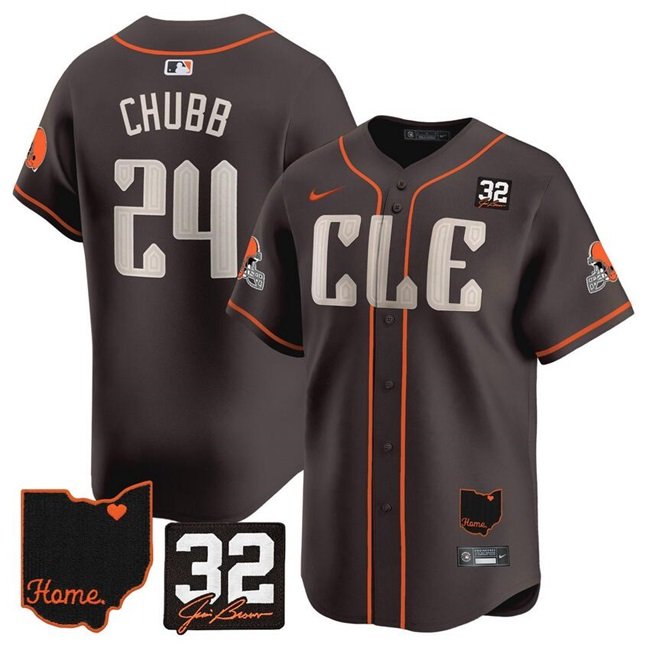 Brown Cleveland Browns #24 Nick Chubb With Jim Brown Memorial & Home Patch Vapor Premier Limited Stitched Baseball Jersey - CLB185