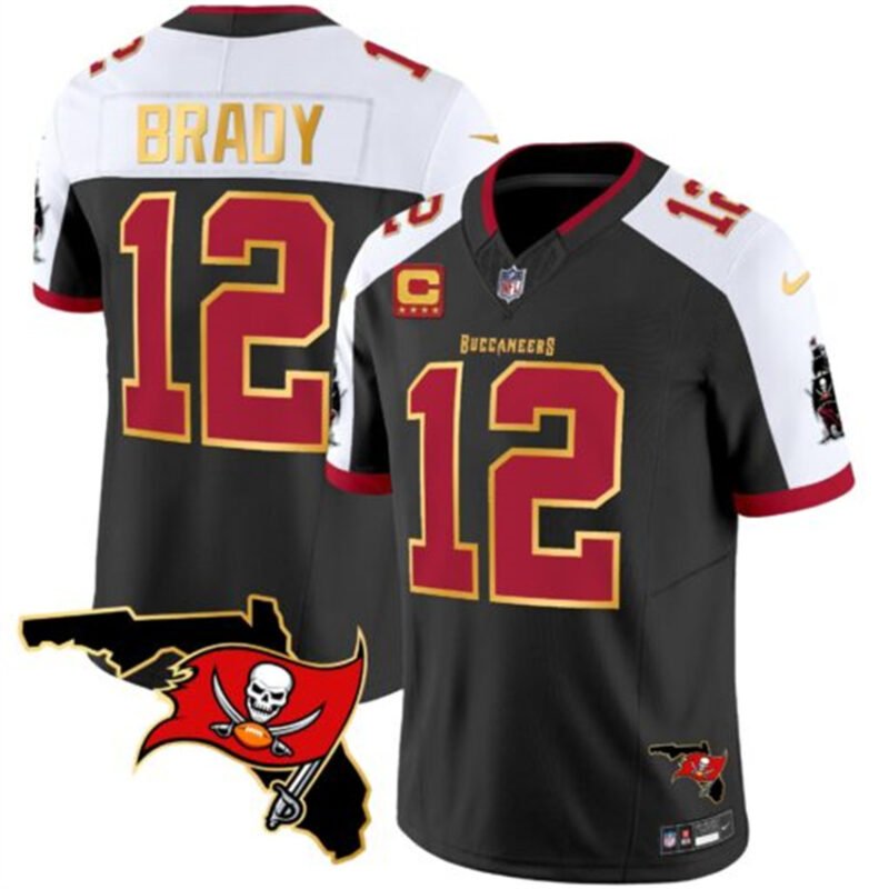 Black/White Tampa Bay Buccaneers #12 Tom Brady F.U.S.E. With 4-star C Ptach And Florida Patch Gold Trim Vapor Stitched Jersey - TBB203