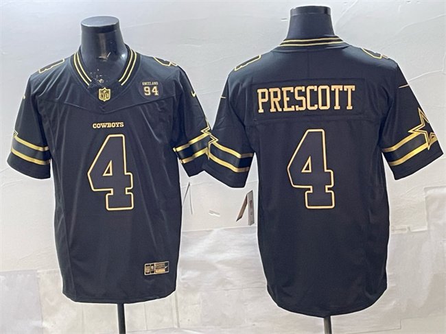Black Gold Dallas Cowboys #4 Dak Prescott 2025 F.U.S.E. 94 Marshawn Kneeland Memorial Patch Vapor Limited Stitched Football Jersey - DLC287