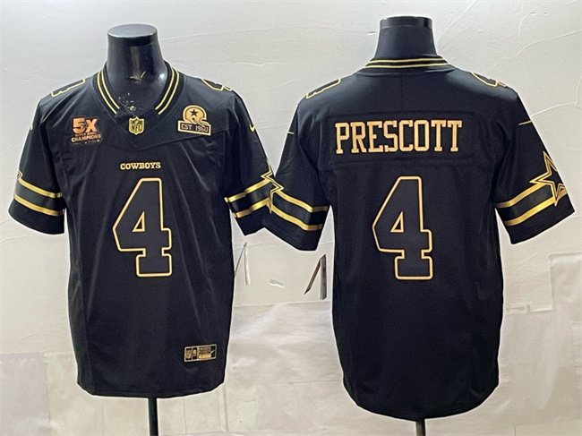 Black Gold Dallas Cowboys #4 Dak Prescott 2025 F.U.S.E. With 5x Super Bowl Champions & Established In 1960 Patch Vapor Limited Stitched Football Jersey - DLC401