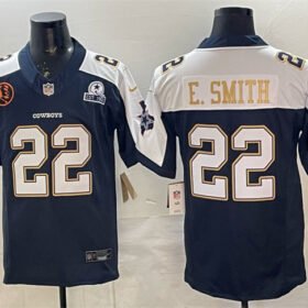 Navy Dallas Cowboys #22 Emmitt Smith F.U.S.E. With John Madden Patch & Established In 1960 Patch Thanksgiving Vapor Limited Stitched Football Jersey - DLC173