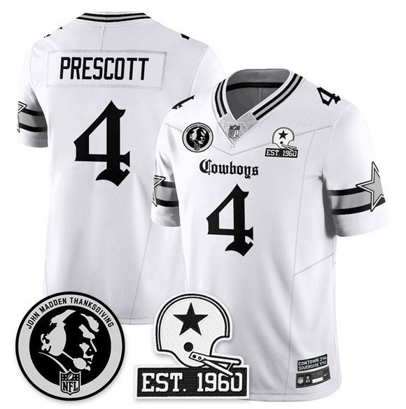 White Dallas Cowboys #4 Dak Prescott 2025 F.U.S.E. With John Madden Patch & Established In 1960 Patch Vapor Limited Stitched Football Jersey - DLC66