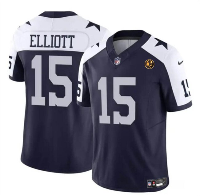 Navy Dallas Cowboys #15 Ezekiel Elliott 2023 F.U.S.E. With John Madden Patch Thanksgiving Vapor Limited Stitched Football Jersey - DLC92