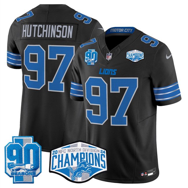 Black Detroit Lions #97 Aidan Hutchinson 2024 NFC North Champions 90th Anniversary Patch F.U.S.E. Vapor Limited Stitched Jersey - DTL169