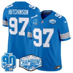 Blue Detroit Lions #97 Aidan Hutchinson 2024 NFC North Champions 90th Anniversary Patch F.U.S.E. Vapor Limited Stitched Jersey - DTL293
