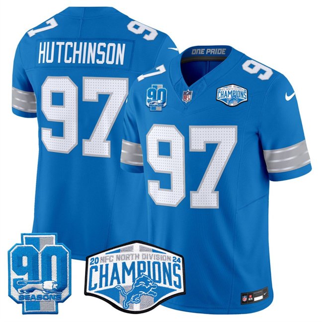 Blue Detroit Lions #97 Aidan Hutchinson 2024 NFC North Champions 90th Anniversary Patch F.U.S.E. Vapor Limited Stitched Jersey - DTL293