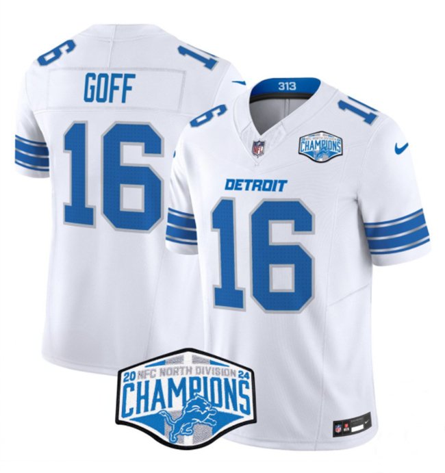 White Detroit Lions #16 Jared Goff 2024 NFC North Champions F.U.S.E. Vapor Limited Stitched Jersey - DTL371