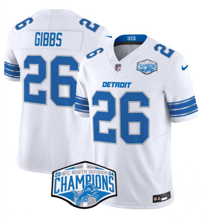 White Detroit Lions #26 Jahmyr Gibbs 2024 NFC North Champions F.U.S.E. Vapor Limited Stitched Jersey - DTL58